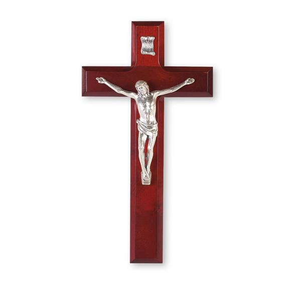 10" Dark Cherry Wood Cross with Silver Corpus # 28742