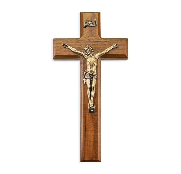 9" Walnut Crucifix with Gold Corpus Figure # 28896