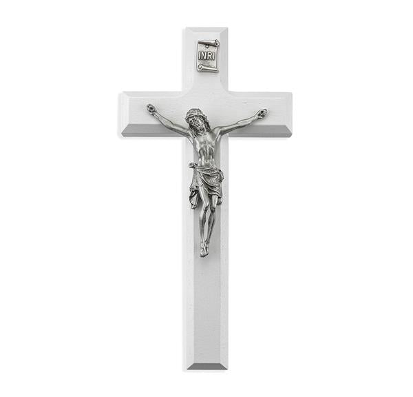7" White Wood Crucifix with Pewter Corpus # 28911