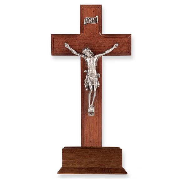 10" Walnut Wood Standing Cross on a Base with a Pewter Corpus # 28935
