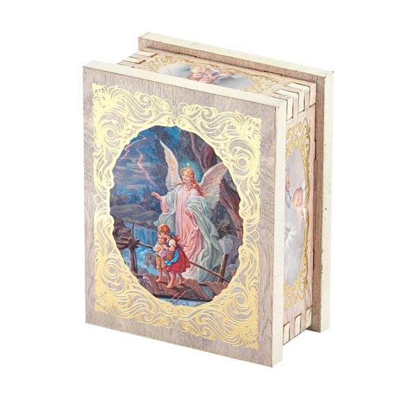 Guardian Angel White Wood Rectangular Rosary Box, 2"x2.75" # 28961