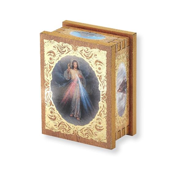 Divine Mercy Natural Wood Rectangular Rosary Box, 2"x2.75" # 28964