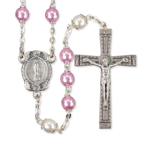 Pink-White 7Mm Pearl Rosary # 28985