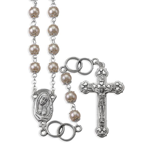 7mm White Pearl Glass Bead Silver Wedding Ring Rosary in a Grey Velvet Box # 28994