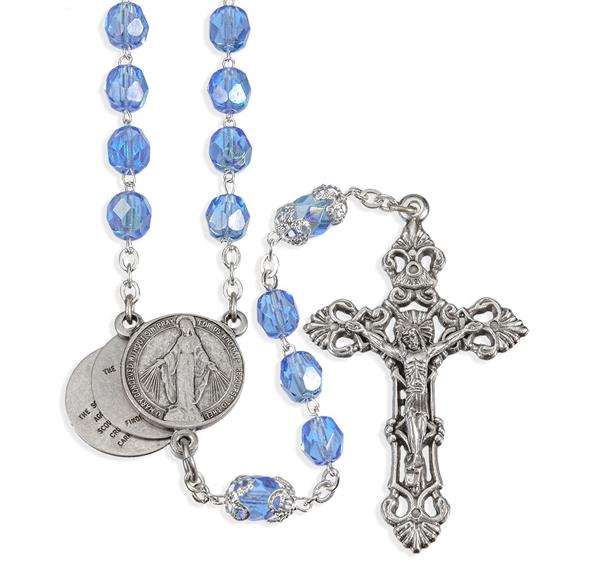 7mm Sapphire Aurora Borealis Mystery Center Rosary # 29018