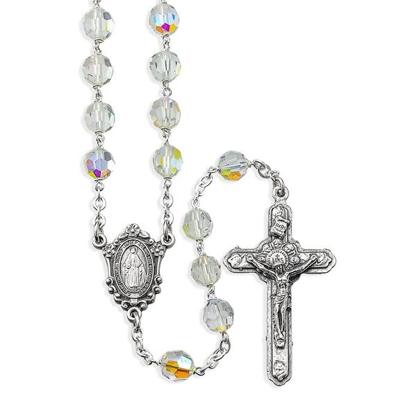 7mm Crystal Aurora Borealis Beads with Deluxe Oxidized Centerpiece and Crucifix # 29029