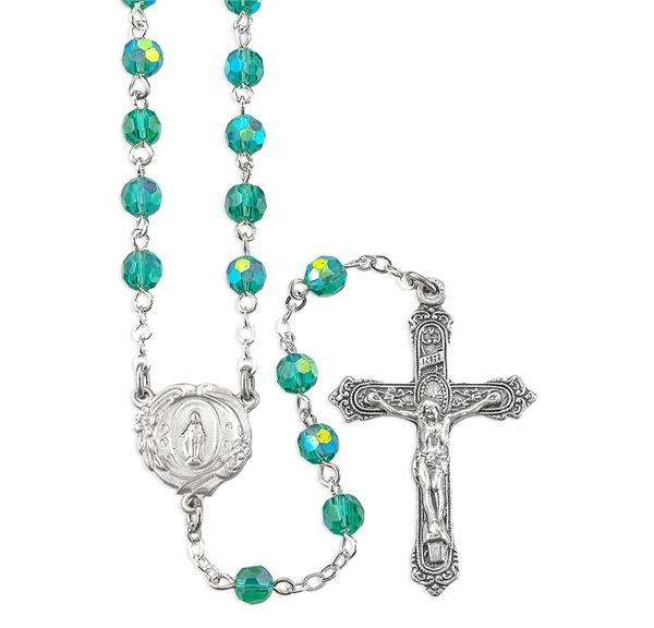 Emerald Crystal Aurora Borealis Bead Rosary with a Deluxe Center and Crucifix Boxed # 29050