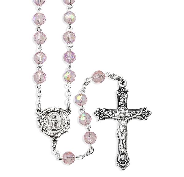 6mm Rose Crystal Aurora Borealis Bead Rosary with a Deluxe Center and Crucifix # 29084