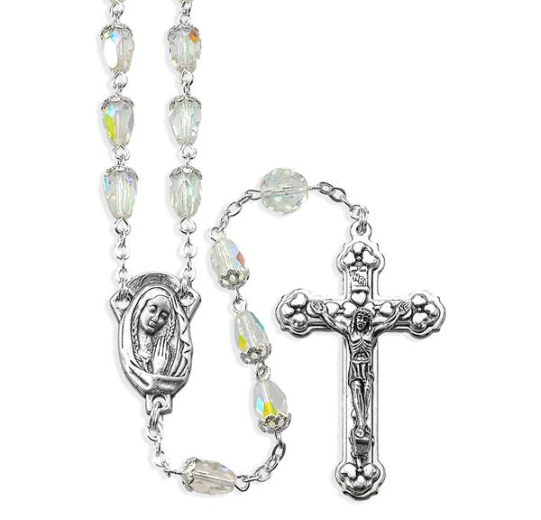 7mm Clear Crystal Aurora Borealis Teardrop Shaped Rosary # 29092