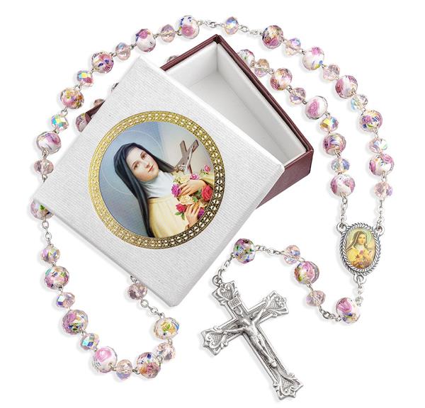8MM Saint Therese Rosary with Hand Made Floral Glass Beads # 29093