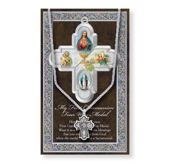 First Communion Biography and Folding Picture Card with a Medal & Chain # 29145