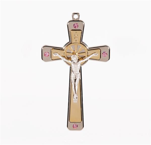 5" Two Tone Nickel Cross with a Pink Crystal Stone # 29174