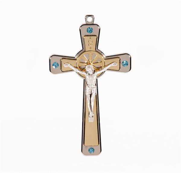 5" Two Tone Nickel Cross with a Light Blue Crystal Stone # 29176