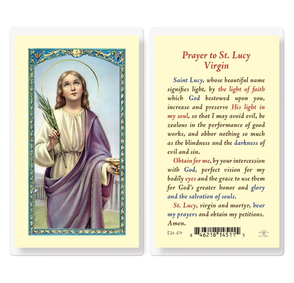 Prayer to St. Lucy Virgin Laminated Holy Card, 25-Count Pack, # 99881