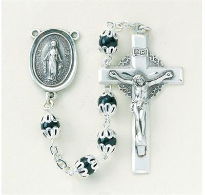 6mm Capped Black Glass Rosary, Sterling Crucifix and Center, # 29397