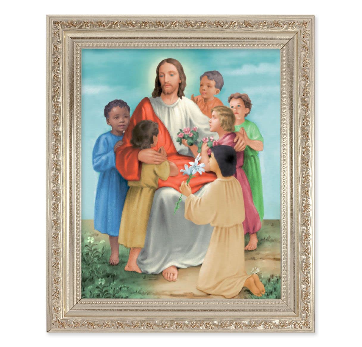 Jesus with Children, 10"x12" Antique Silver & Carved Scrollwork Frame, Italian Print Under Glass # 26871