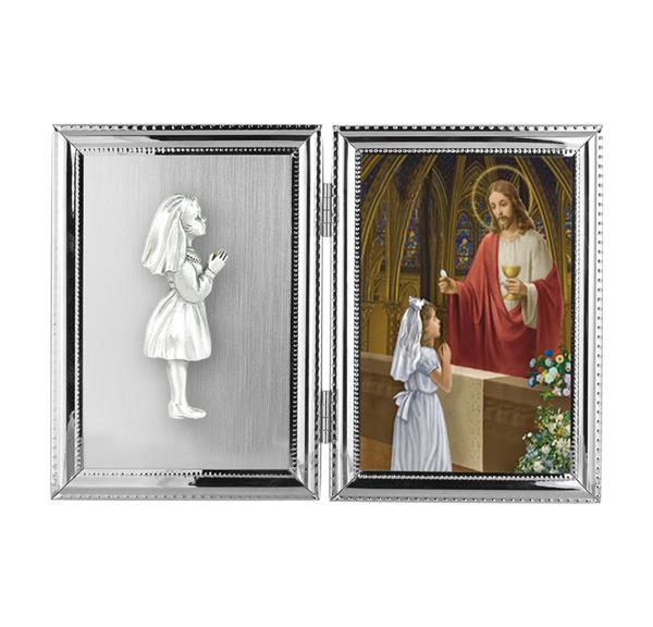 Girl's First Communion Folding Silver Plate 10.5"x7" Photo Frame # 29805