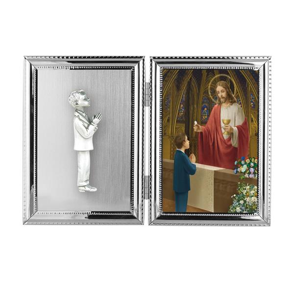 Boy's First Communion Folding Silver Plate 10.5"x7" Photo Frame # 29806