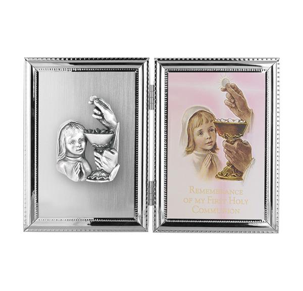 Girl's First Communion Folding Silver Plate 10.5"x7" Photo Frame # 29808