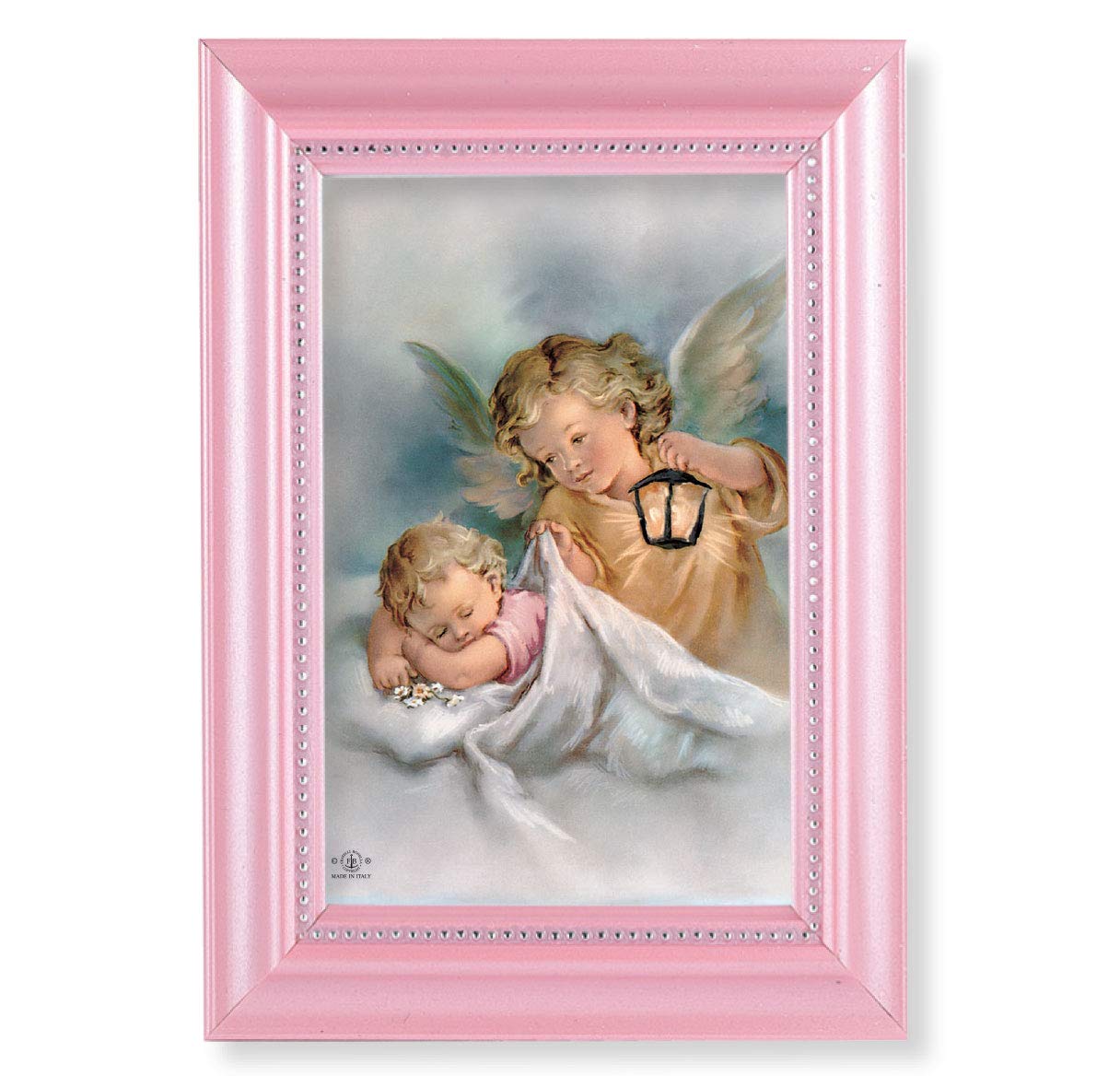 Guardian Angel with Lantern Picture, Pearlized Pink 5-1/2"x7 Frame, Beaded Lip, Under Glass # 28069