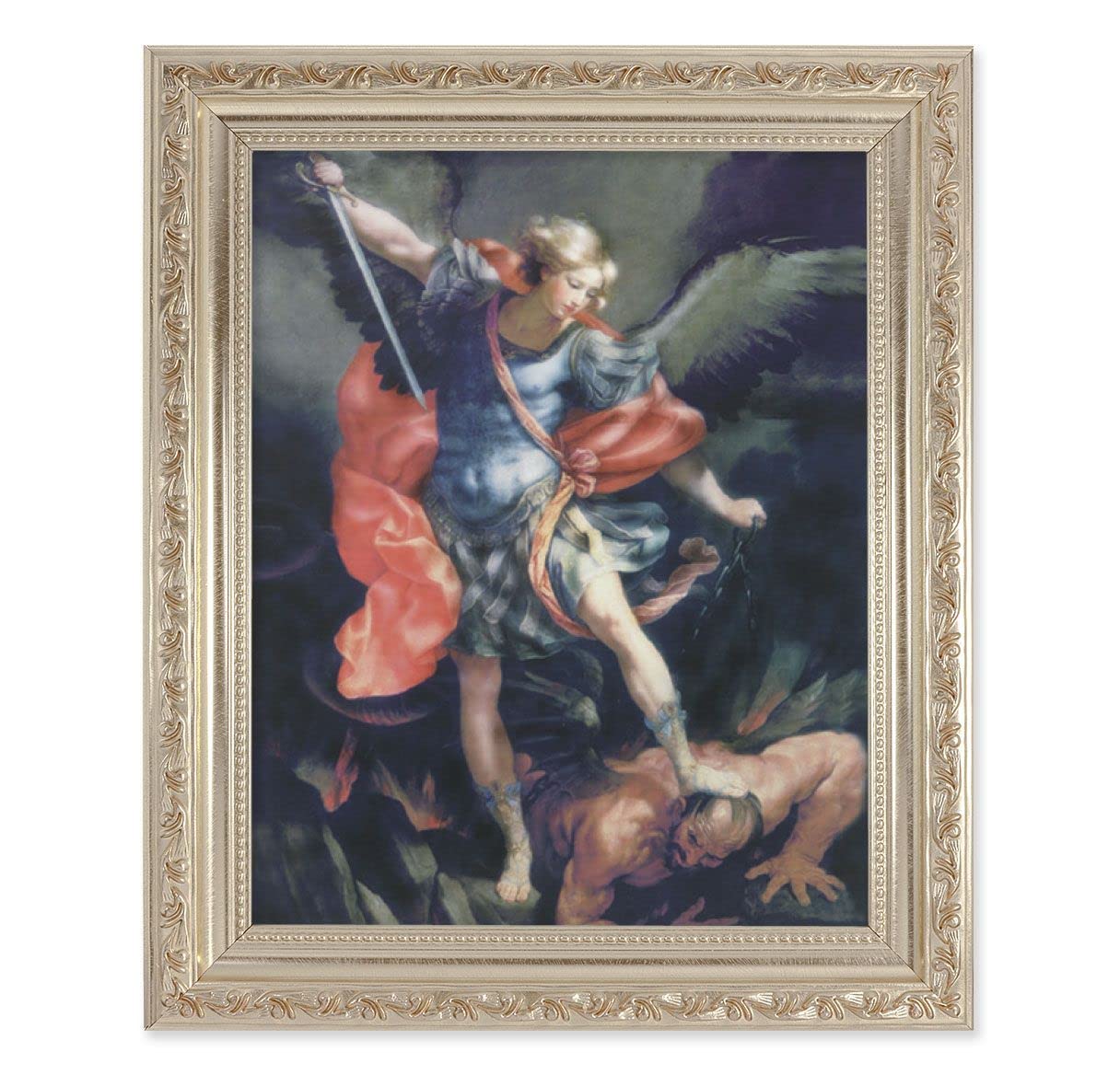 St. Michael, 10"x12" Antique Silver & Carved Scrollwork Frame, Italian Print Under Glass # 26840
