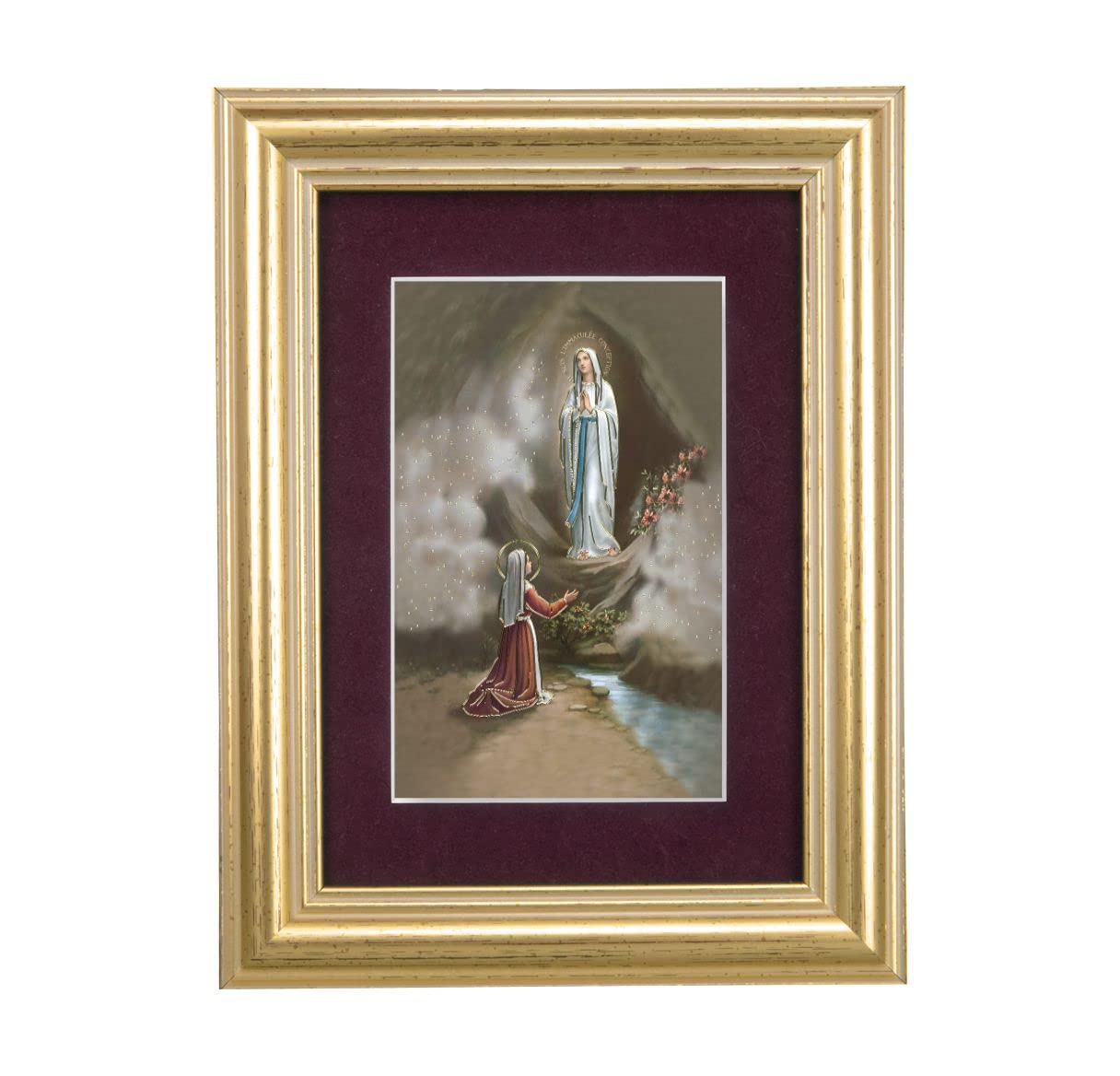 Our Lady of Lourdes Picture, 5"x6.5" Antique Gold Fluted Frame, Behind Maroon Velvet Matting # 28301