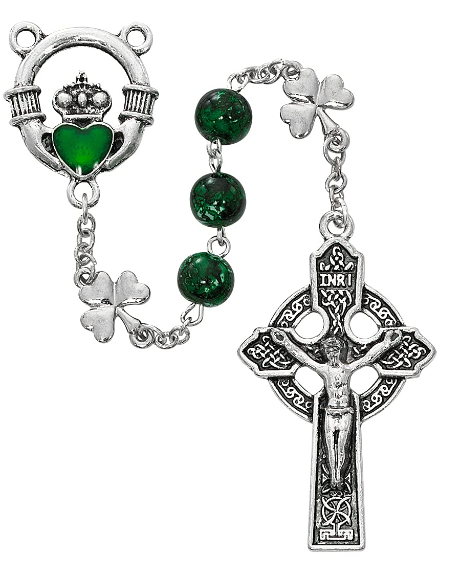 Claddagh Irish Shamrock Rosary, 8mm Green Glass Beads, Silver Oxide Center and 1-7/8" Crucifix # 21219