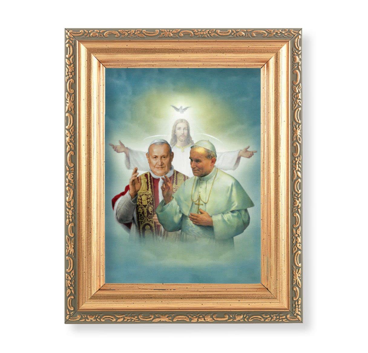 STS. Pope John XXIII & John Paul II Picture, Antique Gold 5-1/2"x7 Frame with Acanthus-Leaf Edging Under Glass # 28208