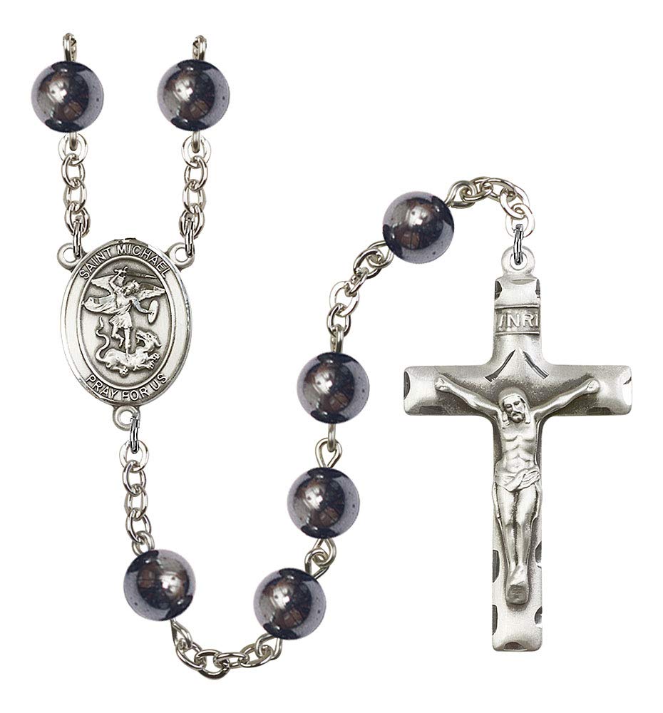 St. Michael Rosary, 8mm Hematite Beads, Silver Plate, # 11090