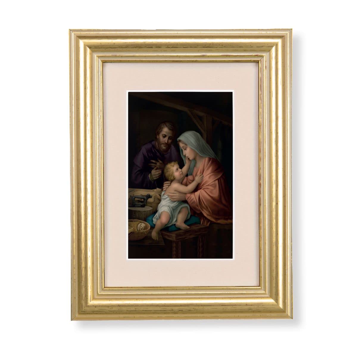 Holy Family Picture, 5"x6.5" Antique Gold Fluted Frame, Behind Cream Velvet Matting # 28247
