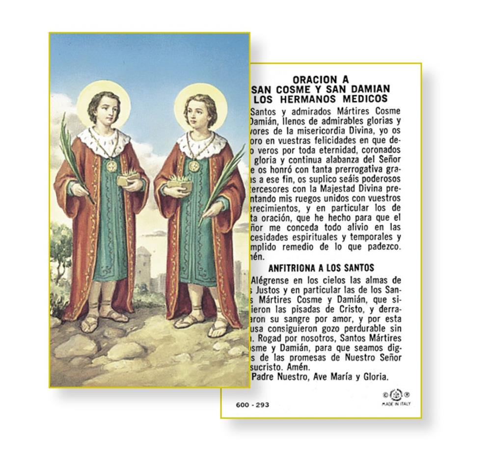 Oracion a San Cosme Y San Damian, Paquete de 100 Estampas Sagradas de Papel, # 3004