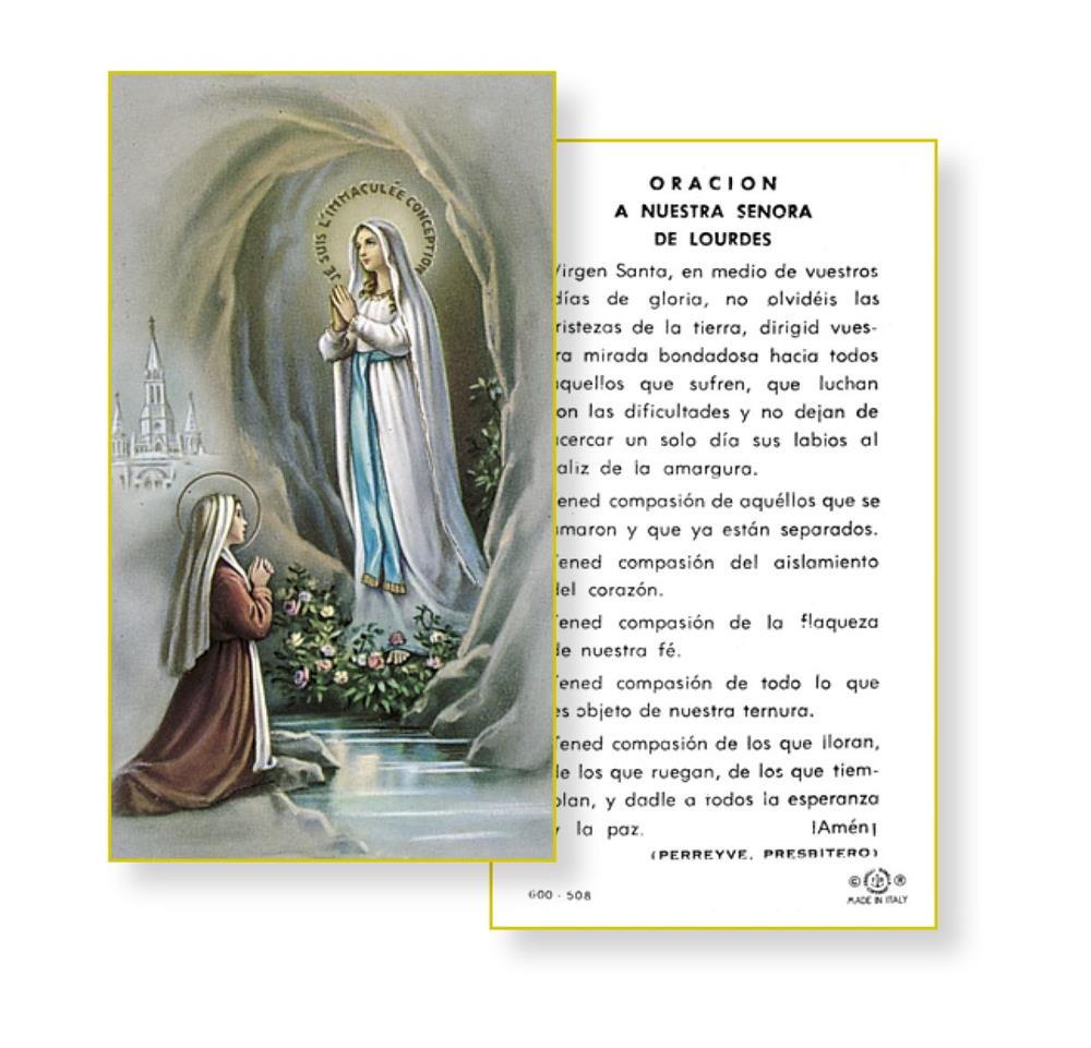 Oracion a Nuestra Senora de Lourdes, Paquete de 100 Estampas Sagradas de Papel, # 3037