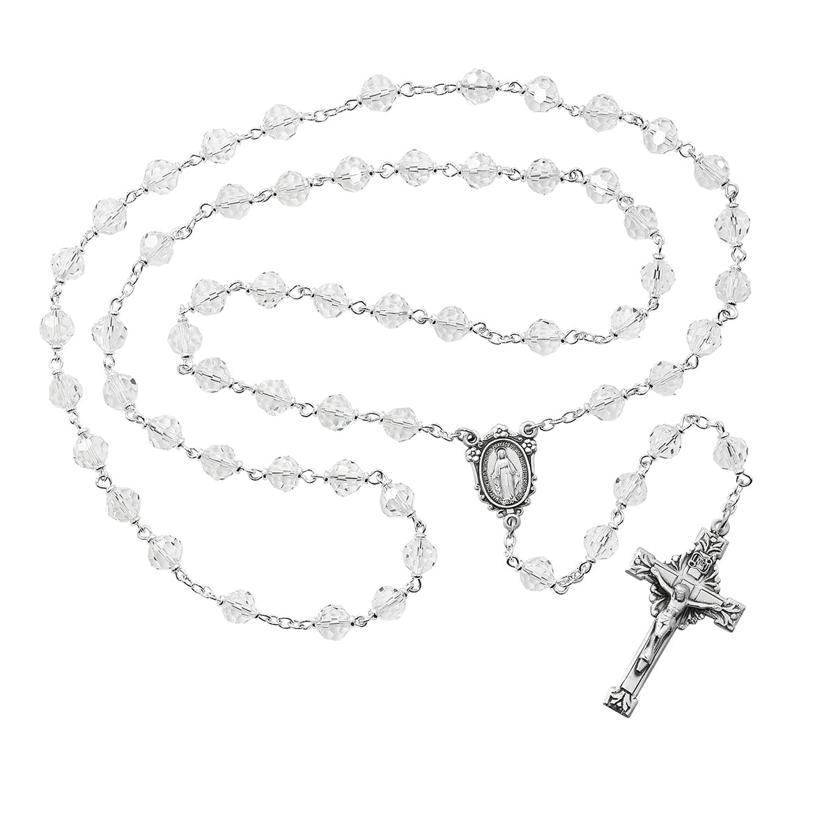 Miraculous Medal Rosary, 7mm Tin Cut Crystal Beads, Pewter Center and 1-5/8" Crucifix # 21183