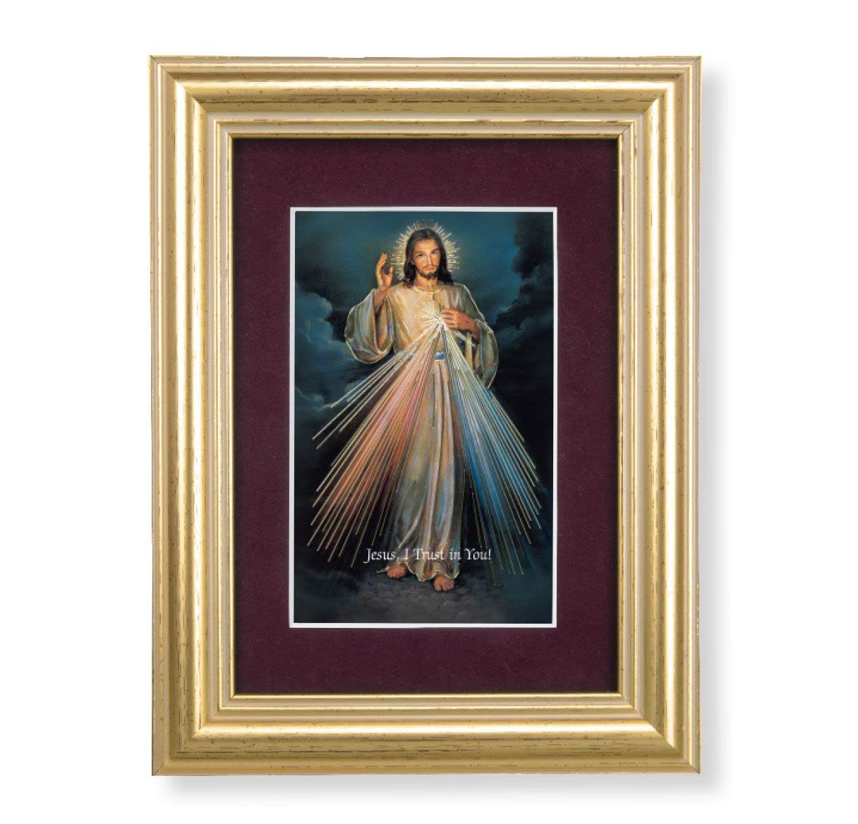 Divine Mercy Picture, 5"x6.5" Antique Gold Fluted Frame, Behind Maroon Velvet Matting # 28288