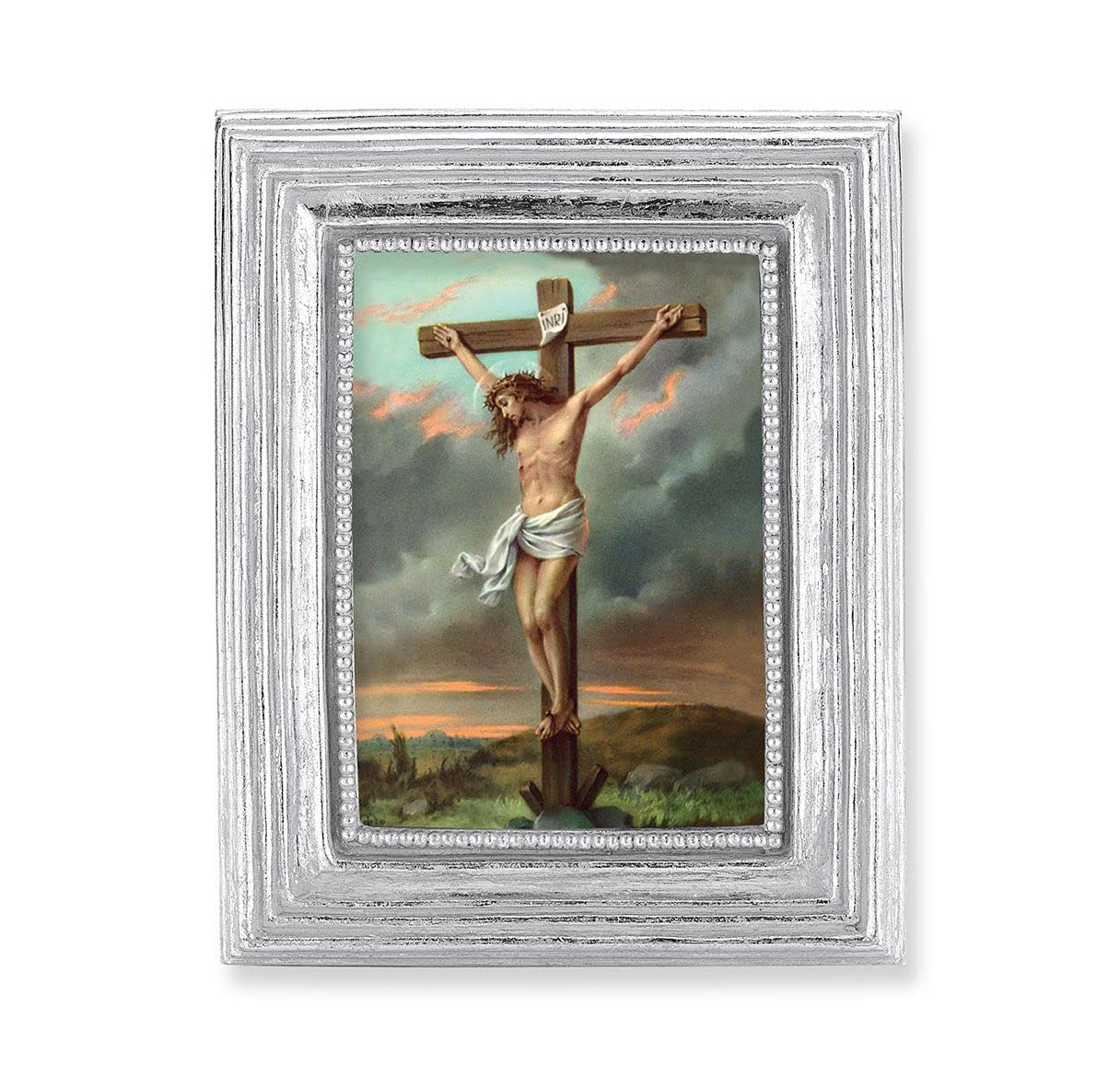Crucifixion Picture, Silver Finish 3-7/8"x4-3/4 Frame, Exclusive Gold Stamped Print Under Glass # 28364