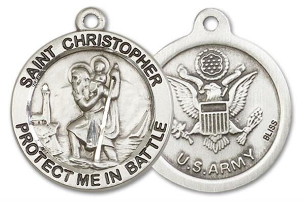 St. Christopher Army Medal, 1" dia., Fine Pewter, Your Choice of Chain, # 3350