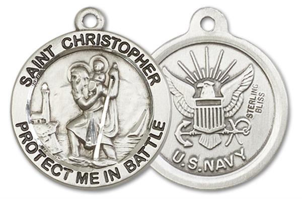 St. Christopher Navy Medal, 1" dia., Sterling Silver, Your Choice of Chain, # 3361
