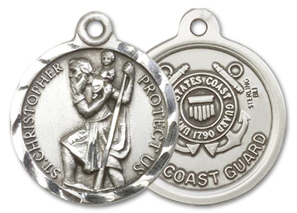 St. Christopher Coast Guard Medal, Sterling Silver, 3/4" dia., Your Choice of Chain, # 3369