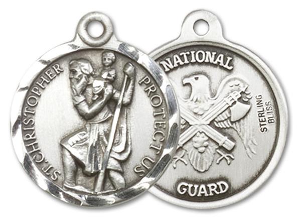 St. Christopher National Guard Medal, Sterling Silver, 3/4" dia., Your Choice of Chain, # 3371