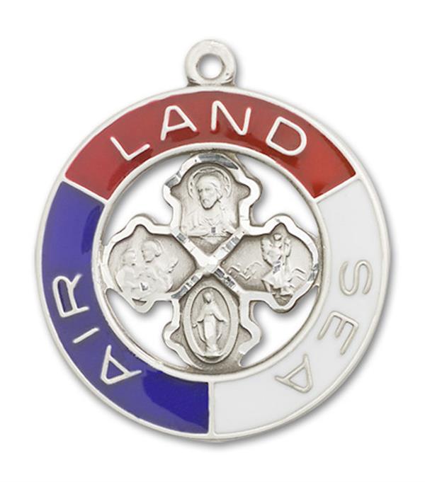 Land Air Sea 4-Way Medal in Fine Pewter, 1-3/16", Your Choice of Chain, # 3440