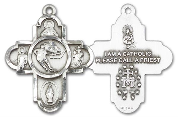 Hockey 5-way Medal in Fine Pewter, 1", Your Choice of Chain, # 3462