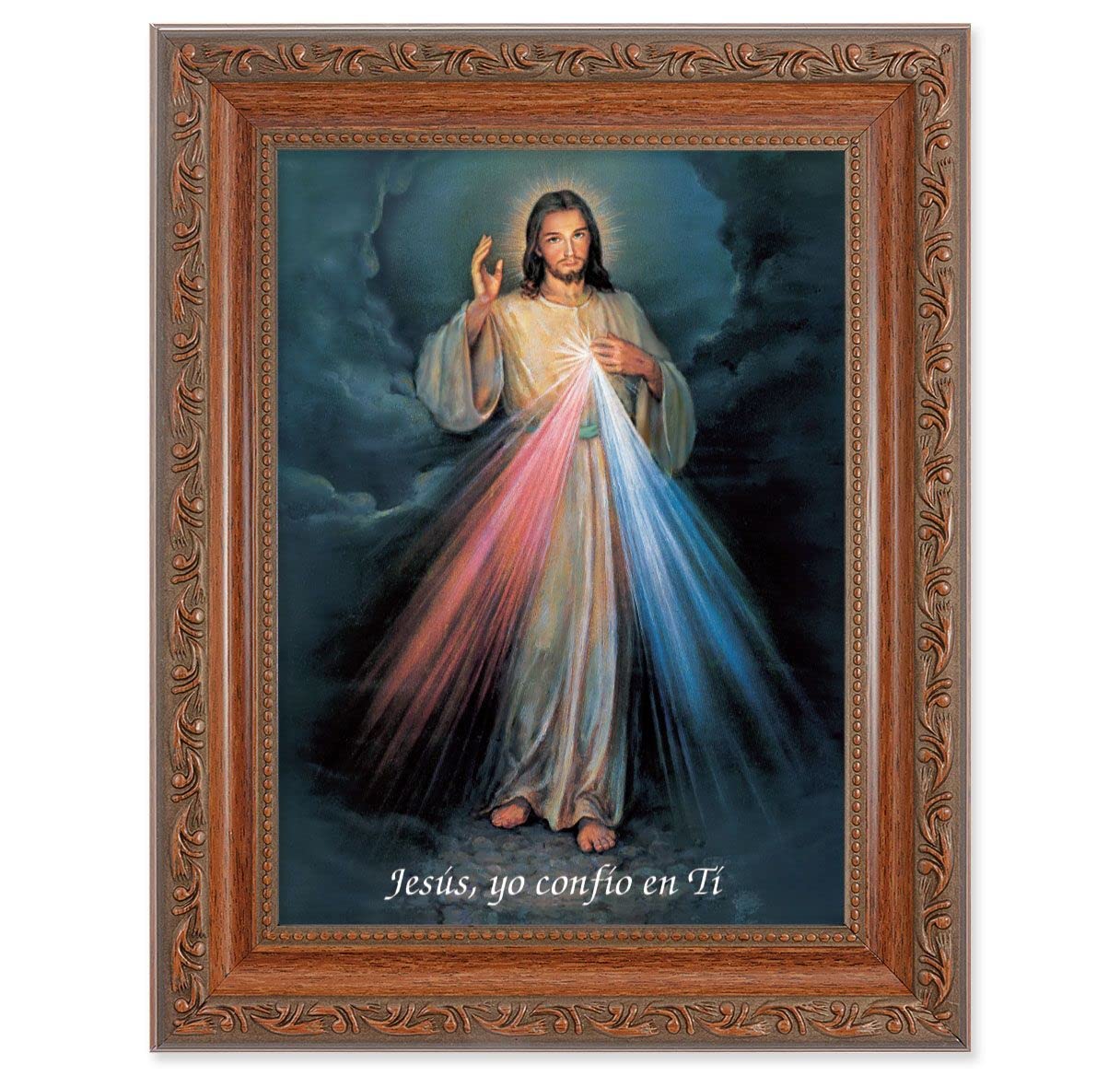 Spansh Divine Mercy Picture, 8-1/4"x10-1/4 Mahogany Finish with Acanthus Leaf Detail Under Glass # 27792