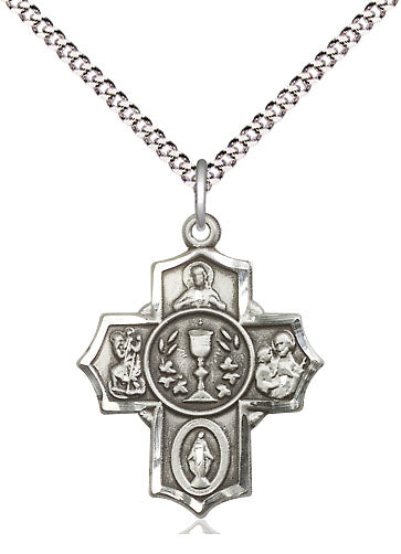 First Communion 4-way Medal in Fine Pewter, 1-1/8", Your Choice of Chain, # 3506