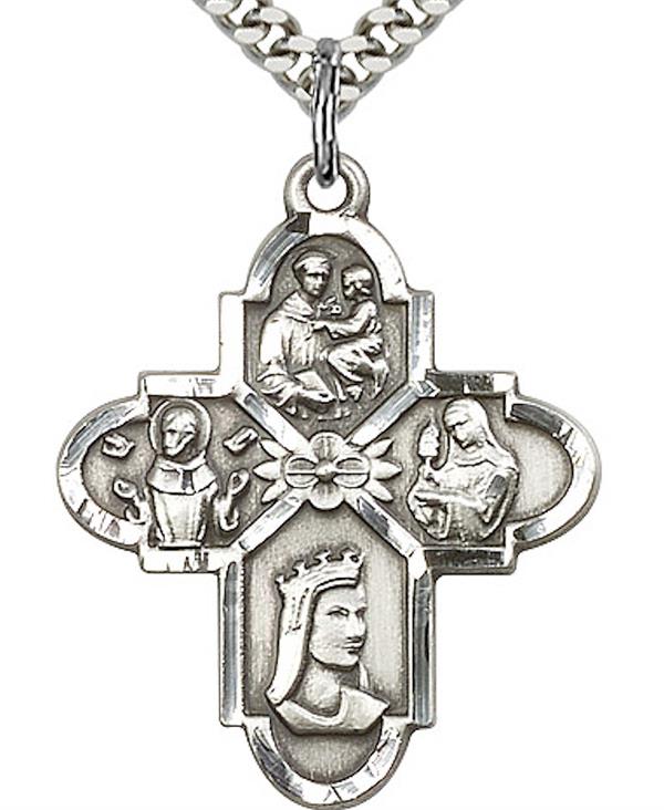Franciscan 4-way Medal in Fine Pewter, 1-1/8", Your Choice of Chain 3507
