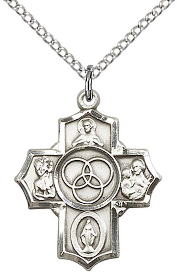 New Family 5-way Medal in Fine Pewter, 13/16", Your Choice of Chain 3512