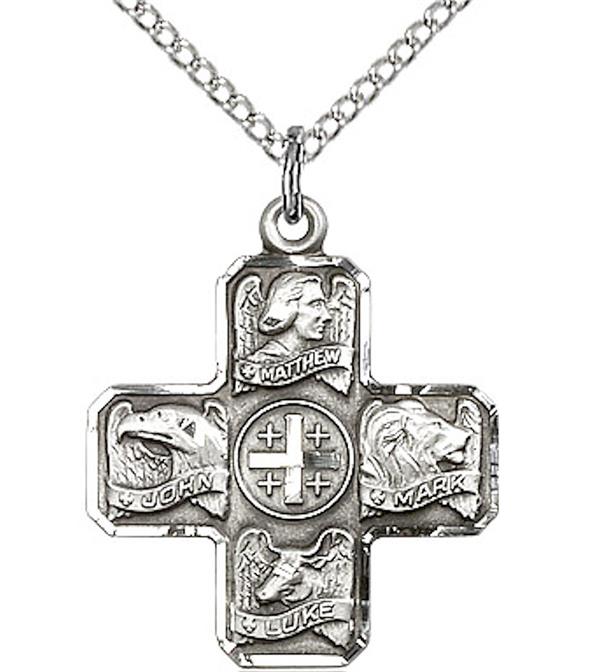Evangelist 5-way Medal in Fine Pewter, 3/4", Your Choice of Chain 3523