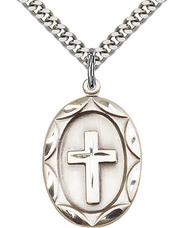 Oval Cross Medal, Fine Pewter, 7/8", Your Choice of Chain, # 3532