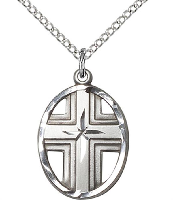 Oval Cross Medal, Fine Pewter, 3/4", Your Choice of Chain, # 3534