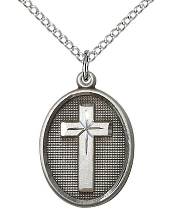 Oval Cross Medal, Fine Pewter, 3/4", Your Choice of Chain, # 3535