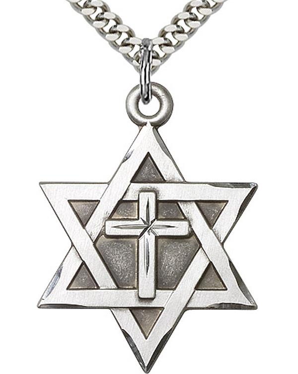 Star of David with Cross Medal, Fine Pewter, 1-1/8", Your Choice of Chain, # 3539